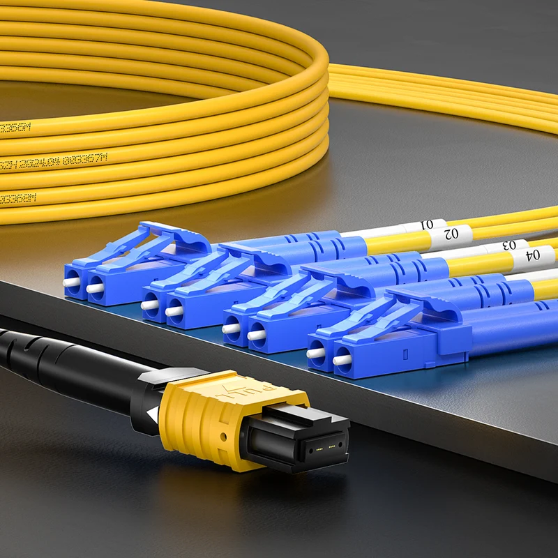 AMPCOM MPO-8 Harness, Single Mode (OS2 9/125μm) 8 Fibers Optic Cable, MPO UPC (Female) to 4 x LC UPC Duplex, Yellow LSZH Jacket
