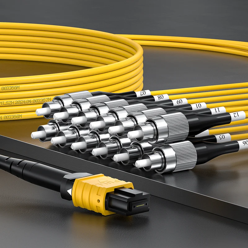 AMPCOM MPO-12 Harness, Single Mode (OS2 9/125μm) 12 Fibers Optic Cable, MPO UPC (Female) to 12 x FC UPC, Yellow LSZH Jacket